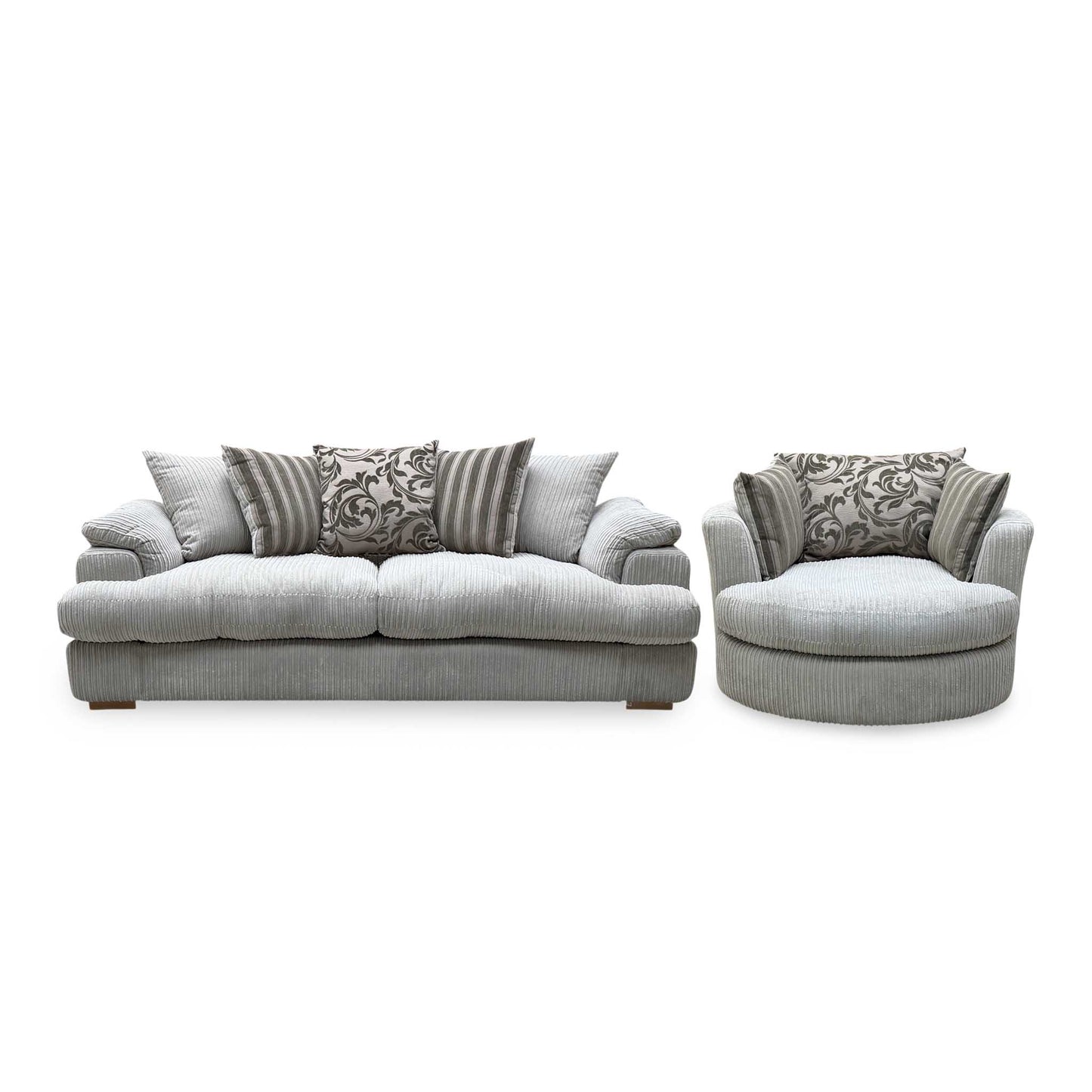 ‘Celine’ Mink and Mocha Jumbo Cord Fabric 4 Seater Pillow Back Sofa with Large Swivel Chair