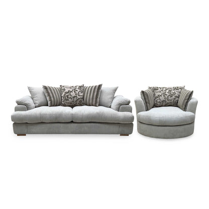 ‘Celine’ Mink and Mocha Jumbo Cord Fabric 4 Seater Pillow Back Sofa with Large Swivel Chair