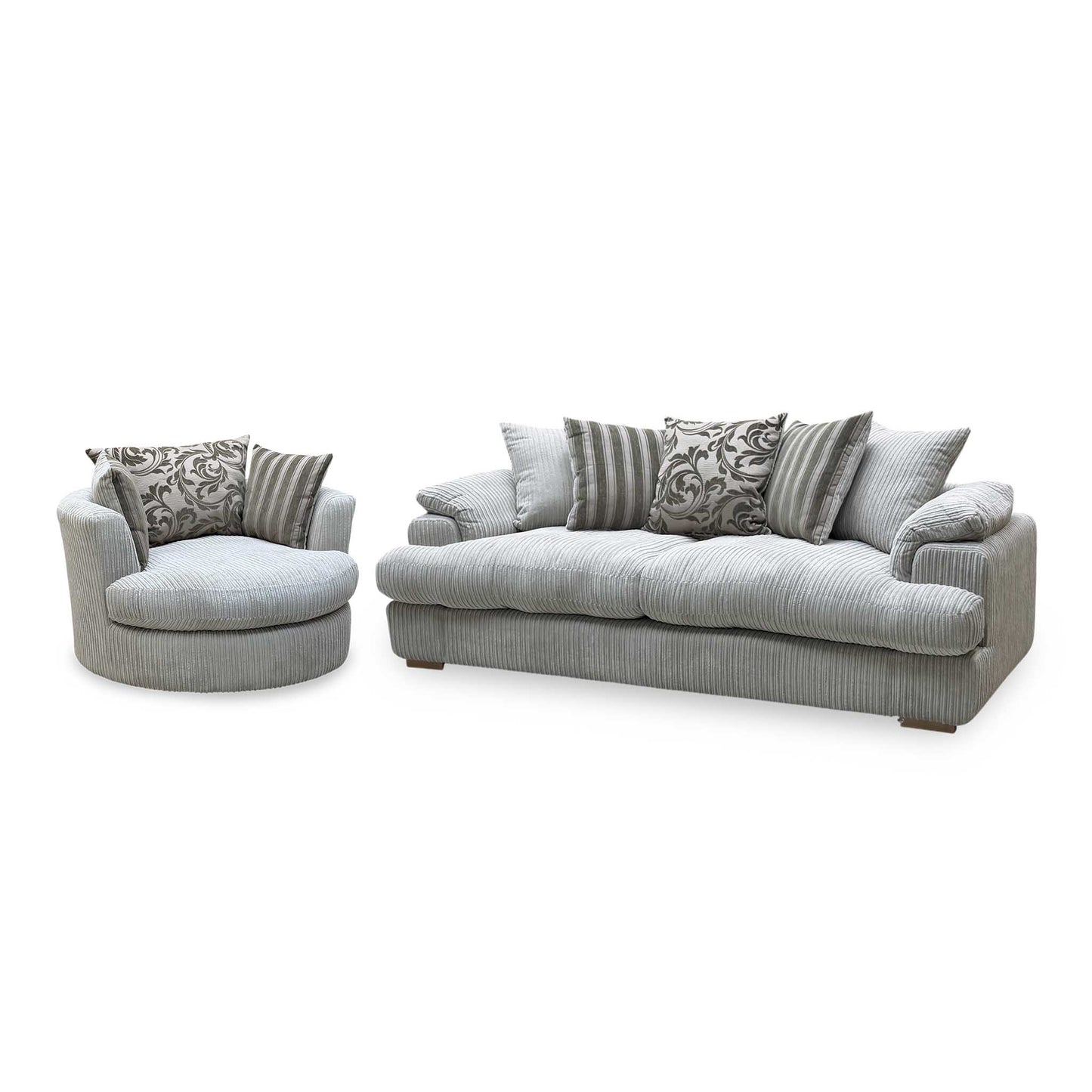 ‘Celine’ Mink and Mocha Jumbo Cord Fabric 4 Seater Pillow Back Sofa with Large Swivel Chair