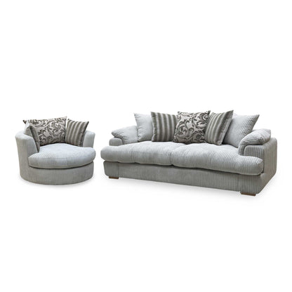 ‘Celine’ Mink and Mocha Jumbo Cord Fabric 4 Seater Pillow Back Sofa with Large Swivel Chair