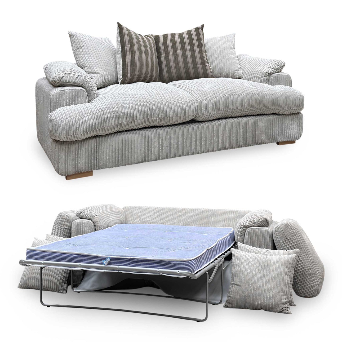 ‘Celine’ Mink and Mocha Jumbo Cord Fabric 3 Seater Pillow Back Deluxe Sofa Bed