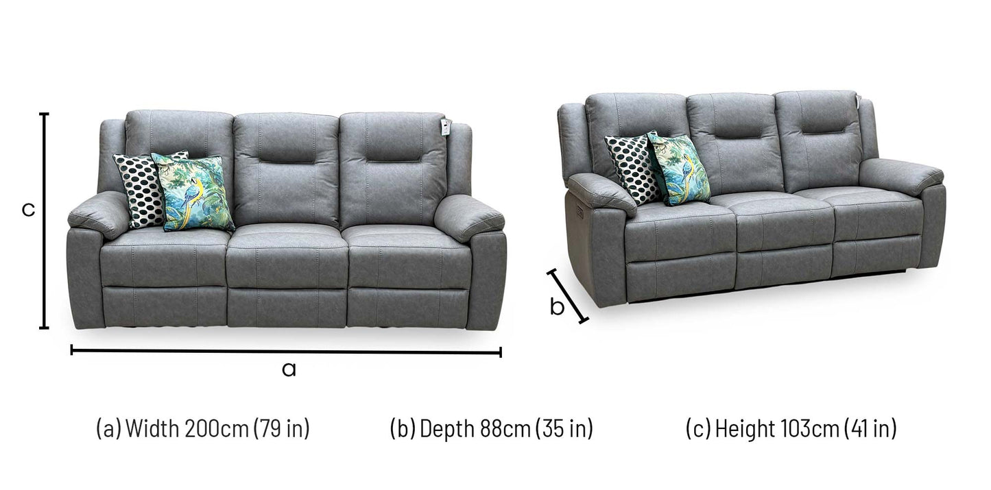 ‘Marlowe’ Grey Microfiber Fabric 3 Seater Power Recliner Sofa