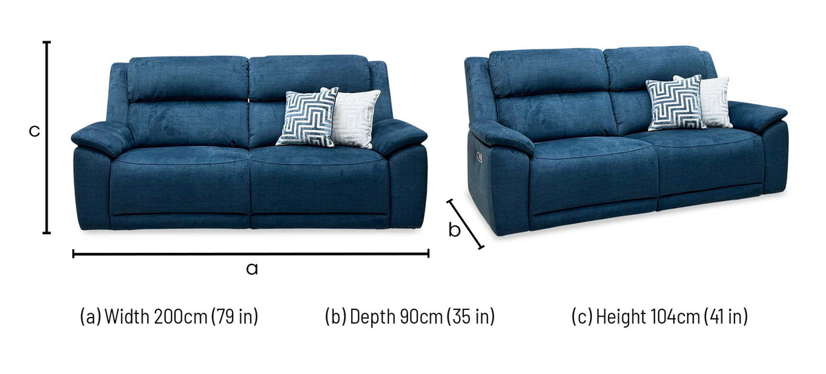 ‘Utah’ Giula Dark Blue Velvet Fabric 3 Seater Power Recliner Sofa with Power Headrests and Power Lumbar