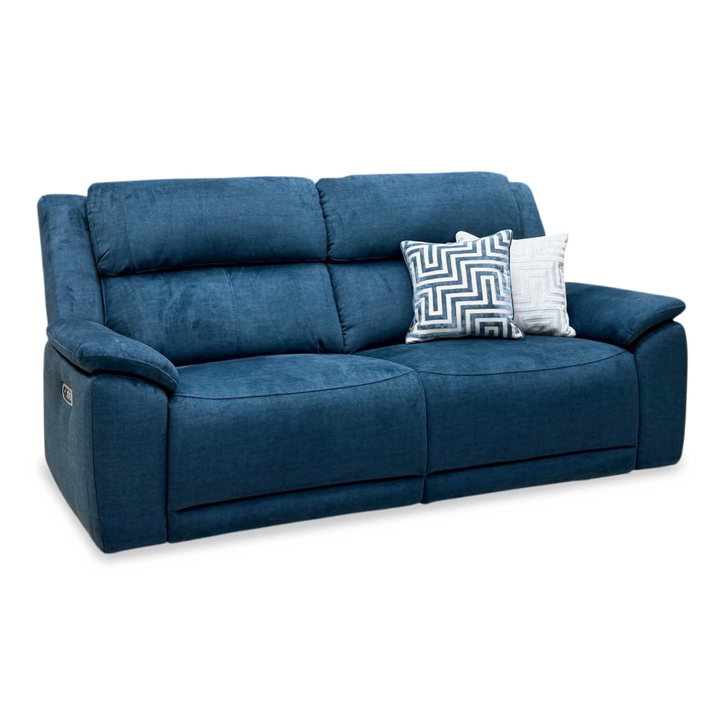 ‘Utah’ Giula Dark Blue Velvet Fabric 3 Seater Power Recliner Sofa with Power Headrests and Power Lumbar