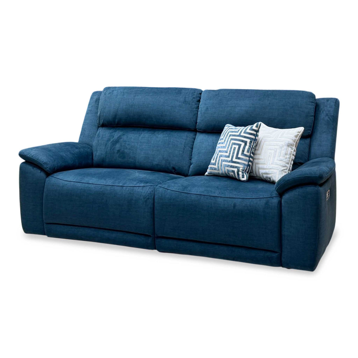 ‘Utah’ Giula Dark Blue Velvet Fabric 3 Seater Power Recliner Sofa with Power Headrests and Power Lumbar