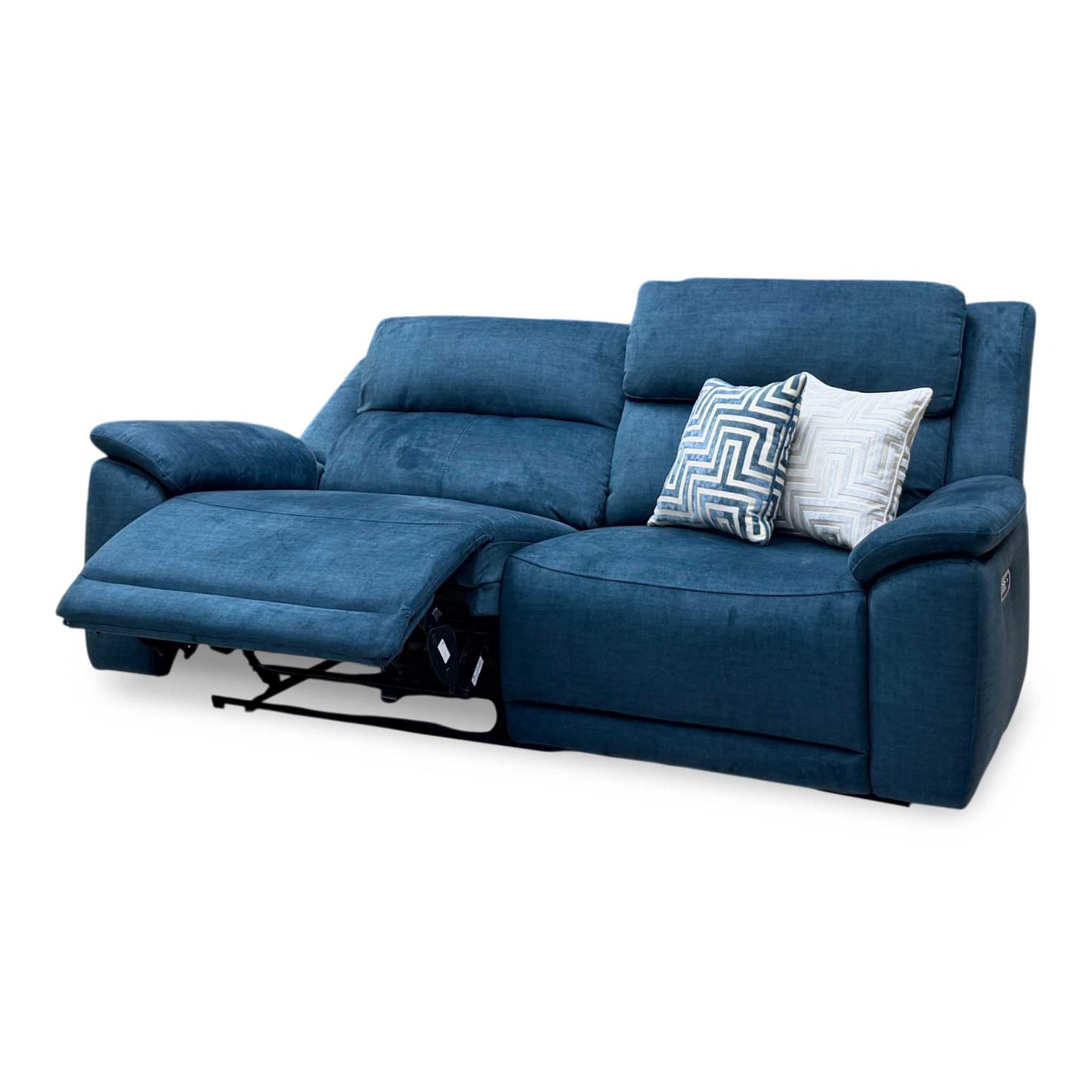 ‘Utah’ Giula Dark Blue Velvet Fabric 3 Seater Power Recliner Sofa with Power Headrests and Power Lumbar