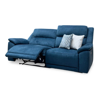 ‘Utah’ Giula Dark Blue Velvet Fabric 3 Seater Power Recliner Sofa with Power Headrests and Power Lumbar