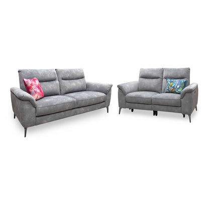 'Morgan' Dexter Mocha Grey Velvet Fabric Set: 3 Seater Standard Sofa + 2 Seater Power Recliner Sofa Set