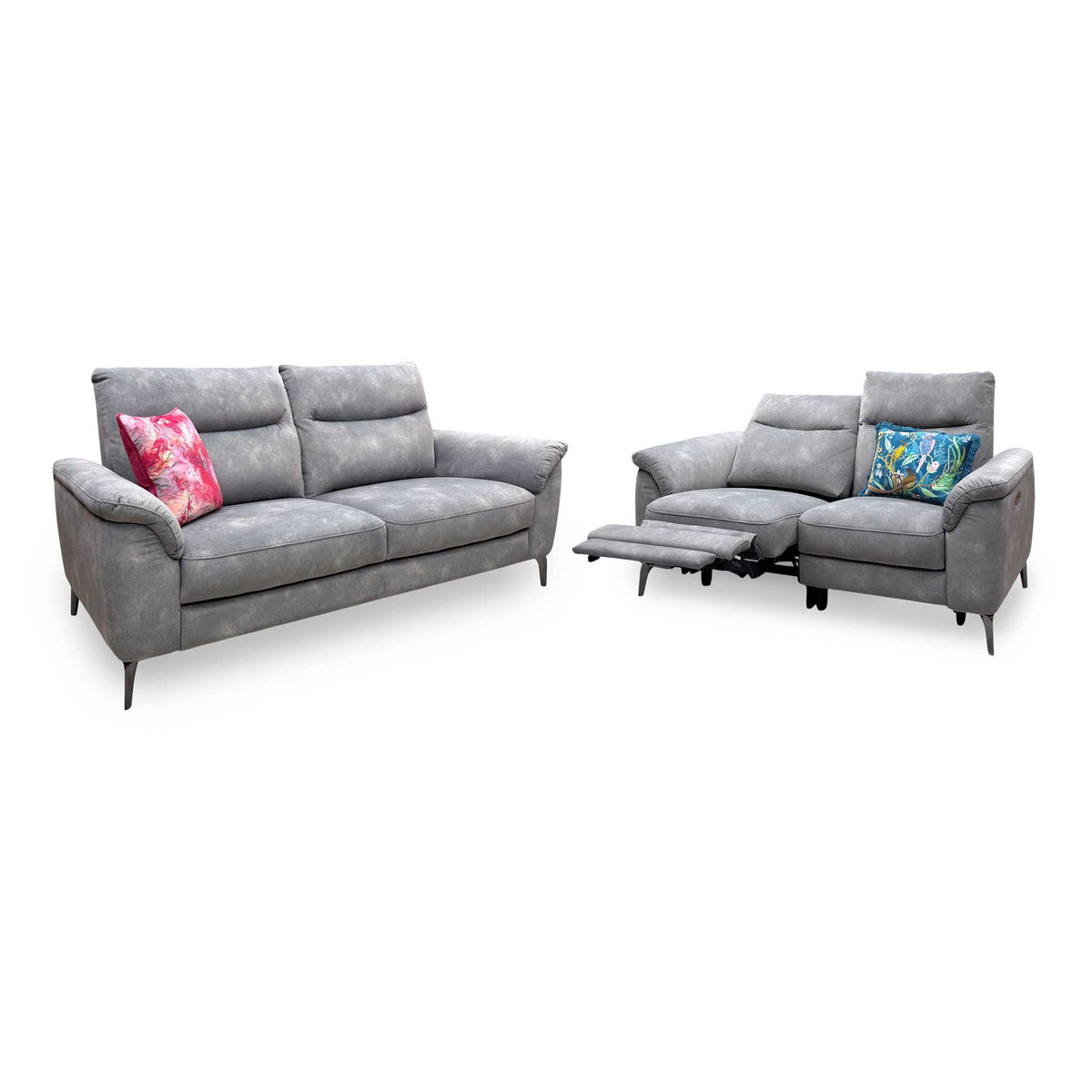 'Morgan' Dexter Mocha Grey Velvet Fabric Set: 3 Seater Standard Sofa + 2 Seater Power Recliner Sofa Set