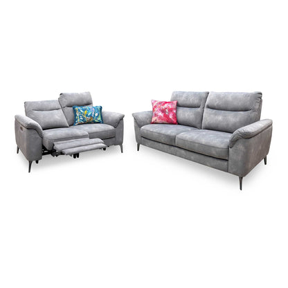 'Morgan' Dexter Mocha Grey Velvet Fabric Set: 3 Seater Standard Sofa + 2 Seater Power Recliner Sofa Set