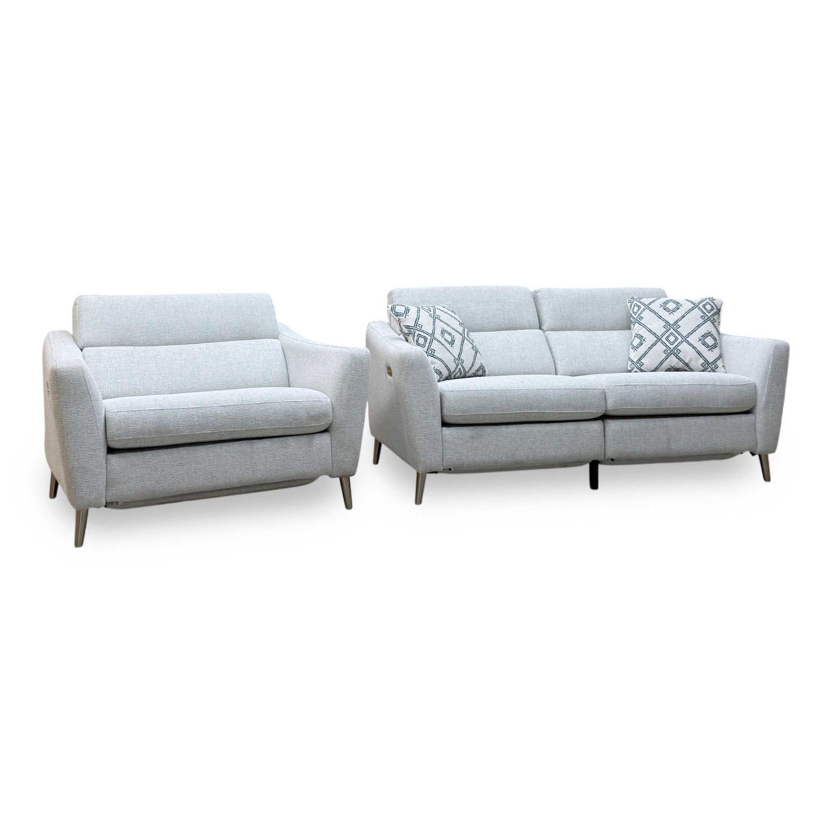 ‘Moderna’ Blr Pearl Grey Chr Fabric 2 Seater Power Recliner Sofa + Power Snuggler Chair