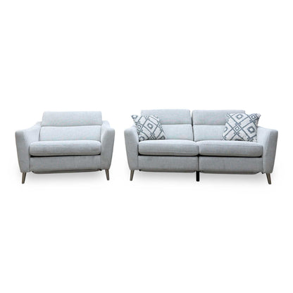 ‘Moderna’ Blr Pearl Grey Chr Fabric 2 Seater Power Recliner Sofa + Power Snuggler Chair