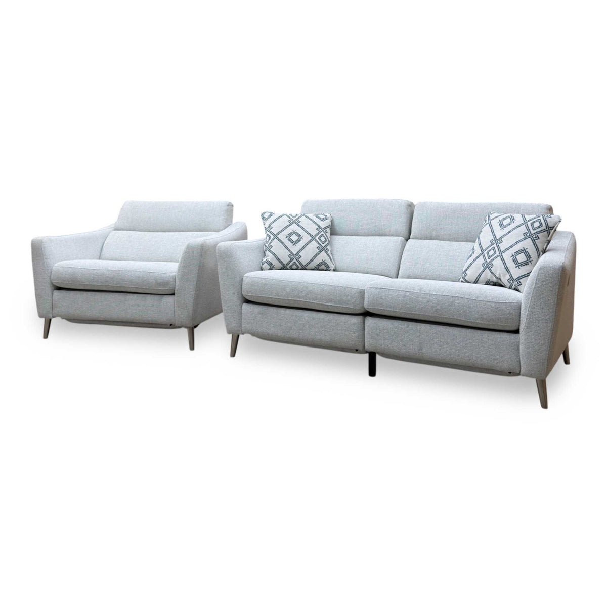 ‘Moderna’ Blr Pearl Grey Chr Fabric 2 Seater Power Recliner Sofa + Power Snuggler Chair
