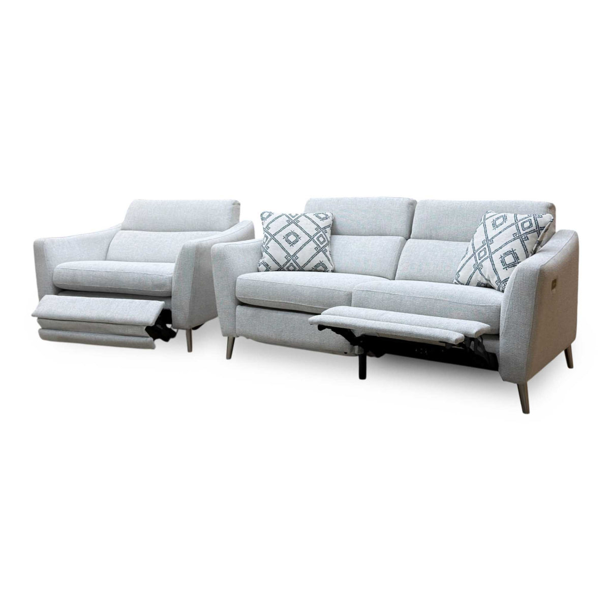 ‘Moderna’ Blr Pearl Grey Chr Fabric 2 Seater Power Recliner Sofa + Power Snuggler Chair
