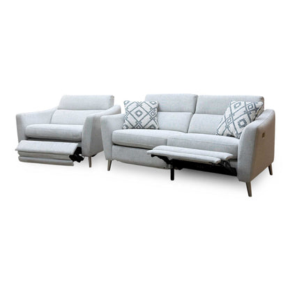 ‘Moderna’ Blr Pearl Grey Chr Fabric 2 Seater Power Recliner Sofa + Power Snuggler Chair