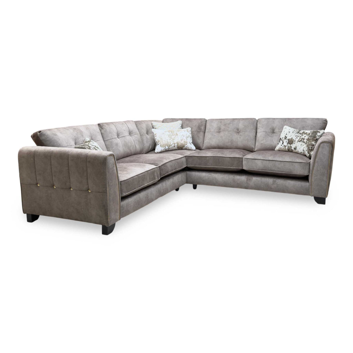 'Mariah' Dapple Chocolate-Tri Brass Velvet Fabric Large Classic Back Corner Sofa