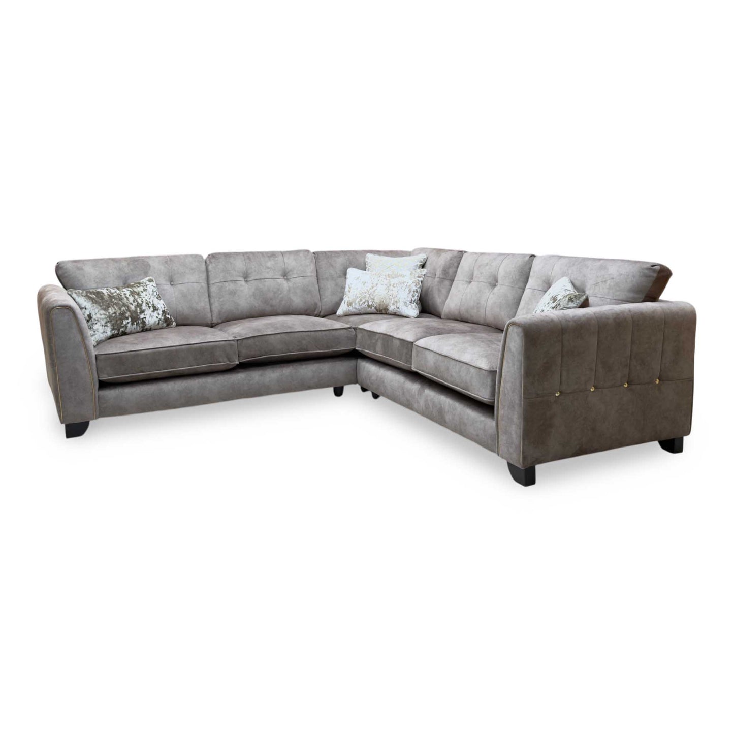 'Mariah' Dapple Chocolate-Tri Brass Velvet Fabric Large Classic Back Corner Sofa