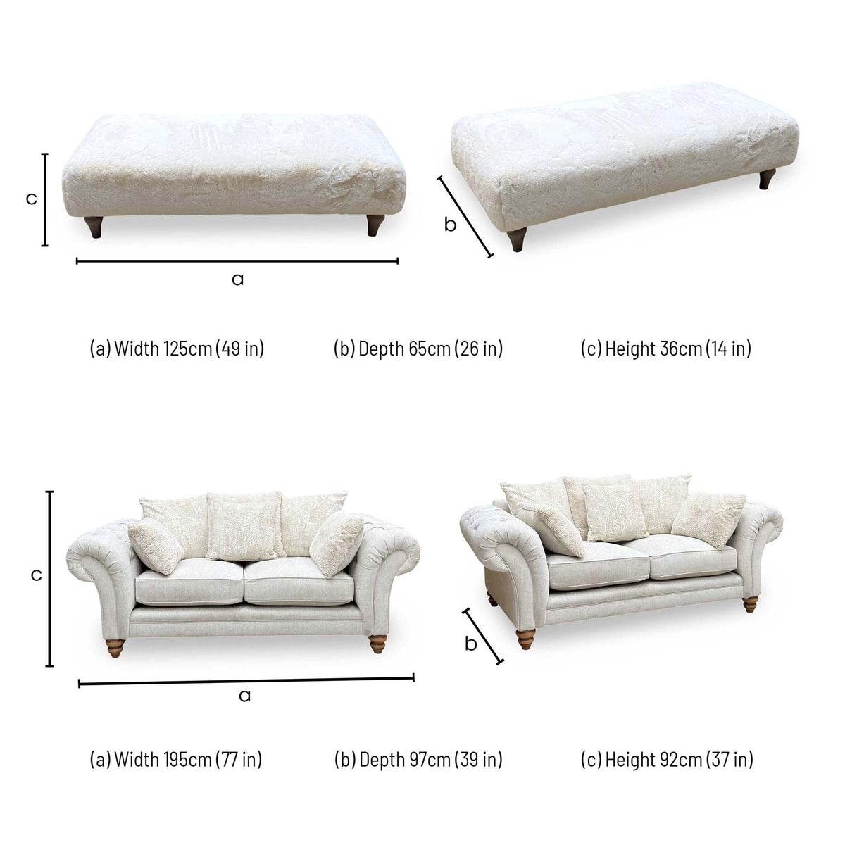 Ideal Home 'Cotswold' Darwin Ivory Wo Ft Fabric 2 Seater Scatter Back Sofa with Faux Fur Large Footstool