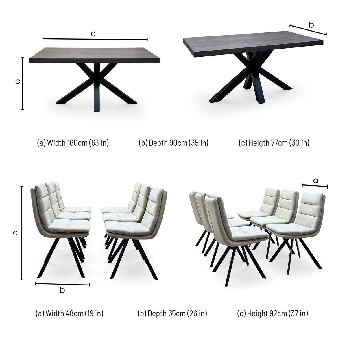 Bodahl 'Njord' 2 Smoked Solid Oak Straight Top 160cm Metal Star Base Dining Table with Sand Beige Fabric Set of 6 Swivel Dining Chairs