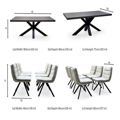 Bodahl 'Njord' 2 Smoked Solid Oak Straight Top 160cm Metal Star Base Dining Table with Sand Beige Fabric Set of 6 Swivel Dining Chairs