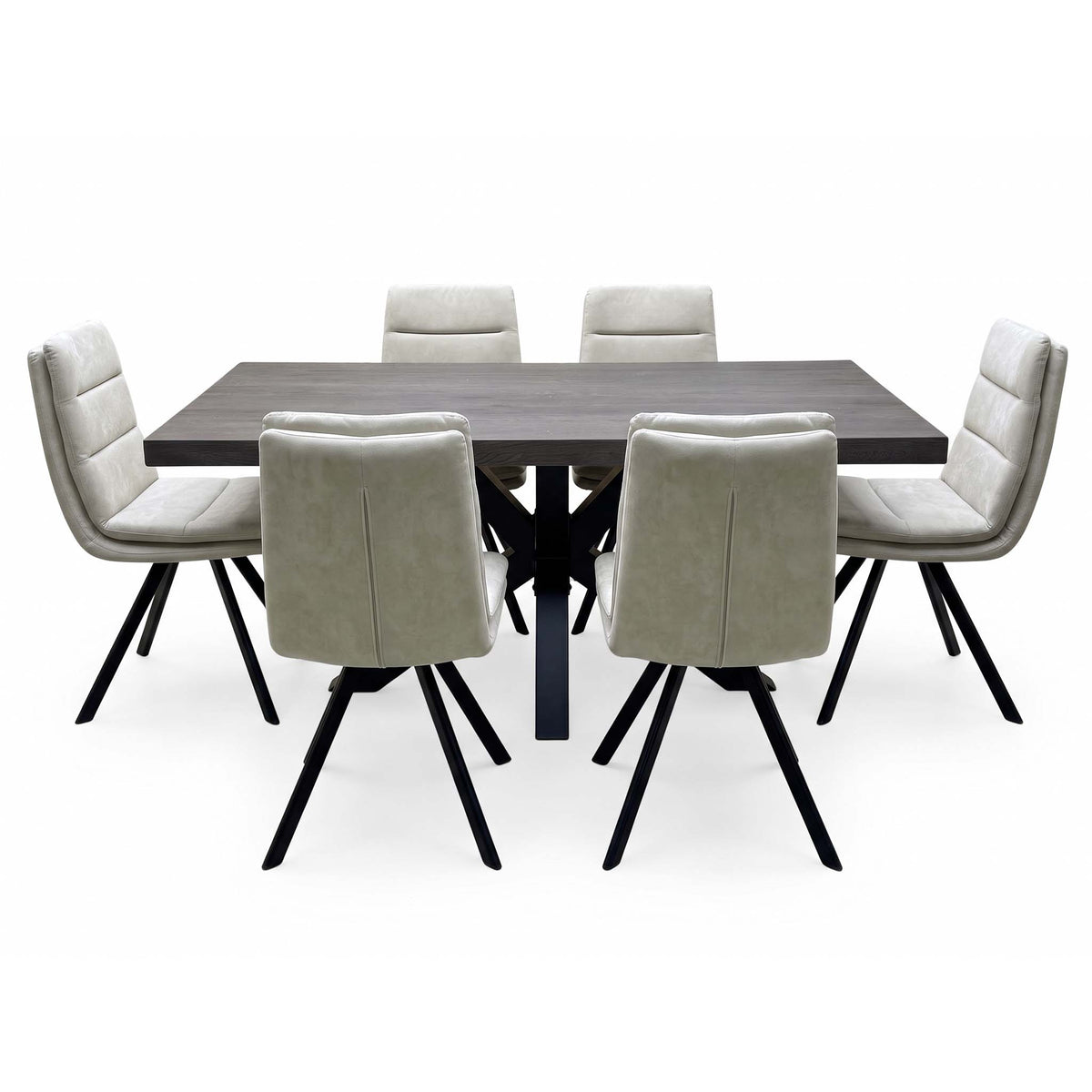 Bodahl 'Njord' 2 Smoked Solid Oak Straight Top 160cm Metal Star Base Dining Table with Sand Beige Fabric Set of 6 Swivel Dining Chairs