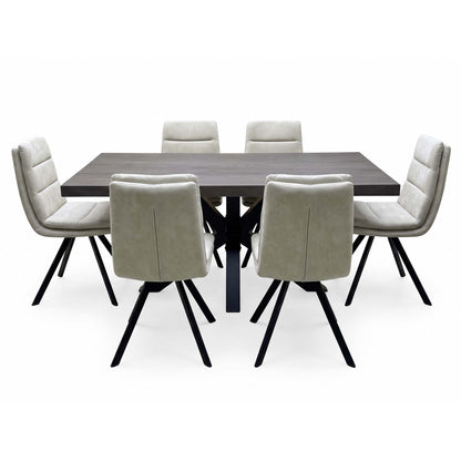 Bodahl 'Njord' 2 Smoked Solid Oak Straight Top 160cm Metal Star Base Dining Table with Sand Beige Fabric Set of 6 Swivel Dining Chairs