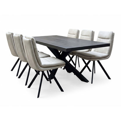 Bodahl 'Njord' 2 Smoked Solid Oak Straight Top 160cm Metal Star Base Dining Table with Sand Beige Fabric Set of 6 Swivel Dining Chairs