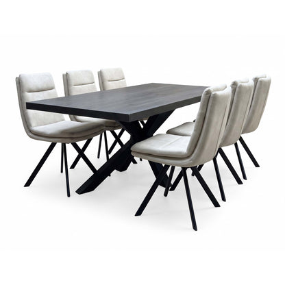 Bodahl 'Njord' 2 Smoked Solid Oak Straight Top 160cm Metal Star Base Dining Table with Sand Beige Fabric Set of 6 Swivel Dining Chairs
