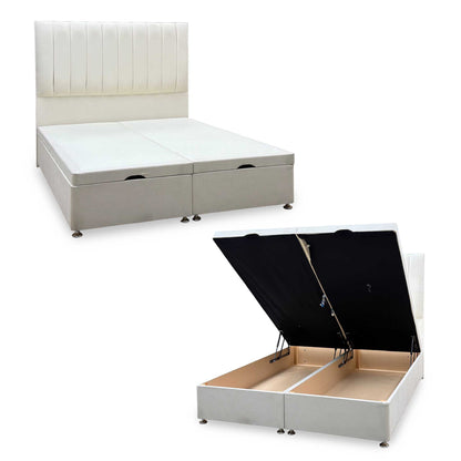 Artisan Collection Elyse Venice Cream Velvet Fabric High Floor Standing Headboard + Double End Lift Ottoman Base - King