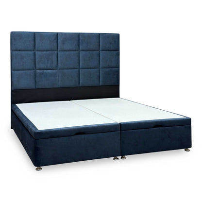 Artisan Collection ‘Elwood’ Daytona Ocean Blue Fabric High Floor Standing Headboard + Double End Lift Ottoman Base - Super King