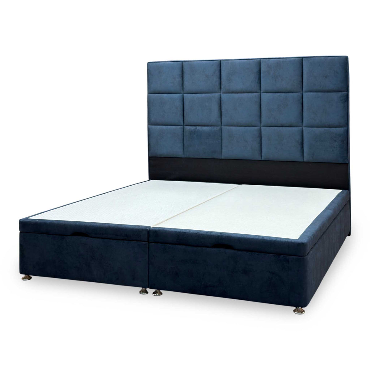 Artisan Collection ‘Elwood’ Daytona Ocean Blue Fabric High Floor Standing Headboard + Double End Lift Ottoman Base - Super King