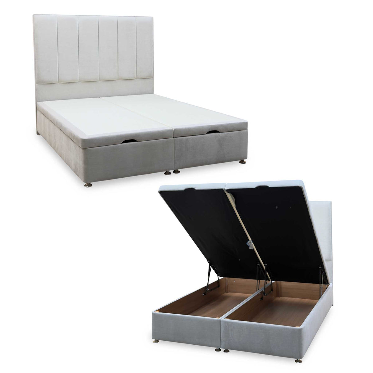 Artisan Collection ‘Heyman’ Aston Linen Grey Fabric High Floor Standing Headboard + Double End Lift Ottoman Base - King
