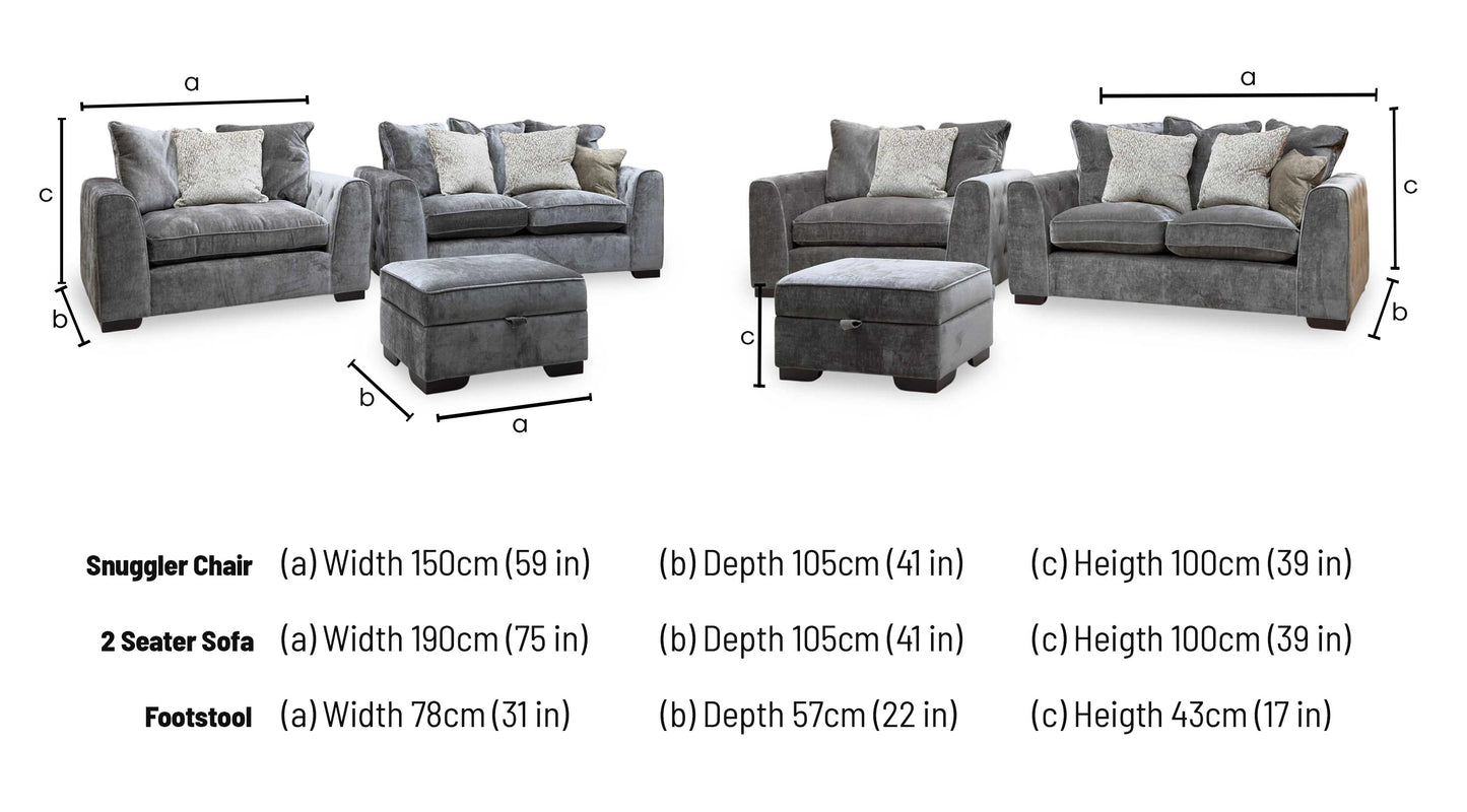 'Valentina' Truffle Brown Fabric 2 Seater Pillow Back Sofa + Snuggler Chair + Storage Footstool