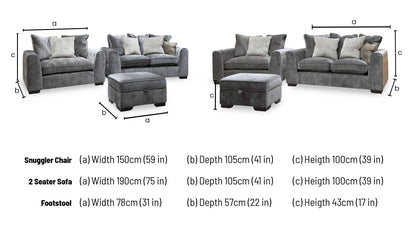'Valentina' Truffle Brown Fabric 2 Seater Pillow Back Sofa + Snuggler Chair + Storage Footstool