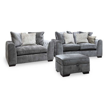 'Valentina' Truffle Brown Fabric 2 Seater Pillow Back Sofa + Snuggler Chair + Storage Footstool