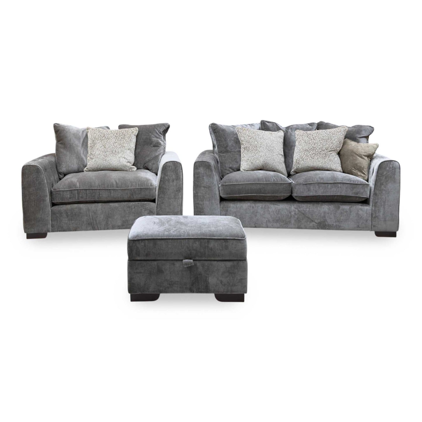 'Valentina' Truffle Brown Fabric 2 Seater Pillow Back Sofa + Snuggler Chair + Storage Footstool