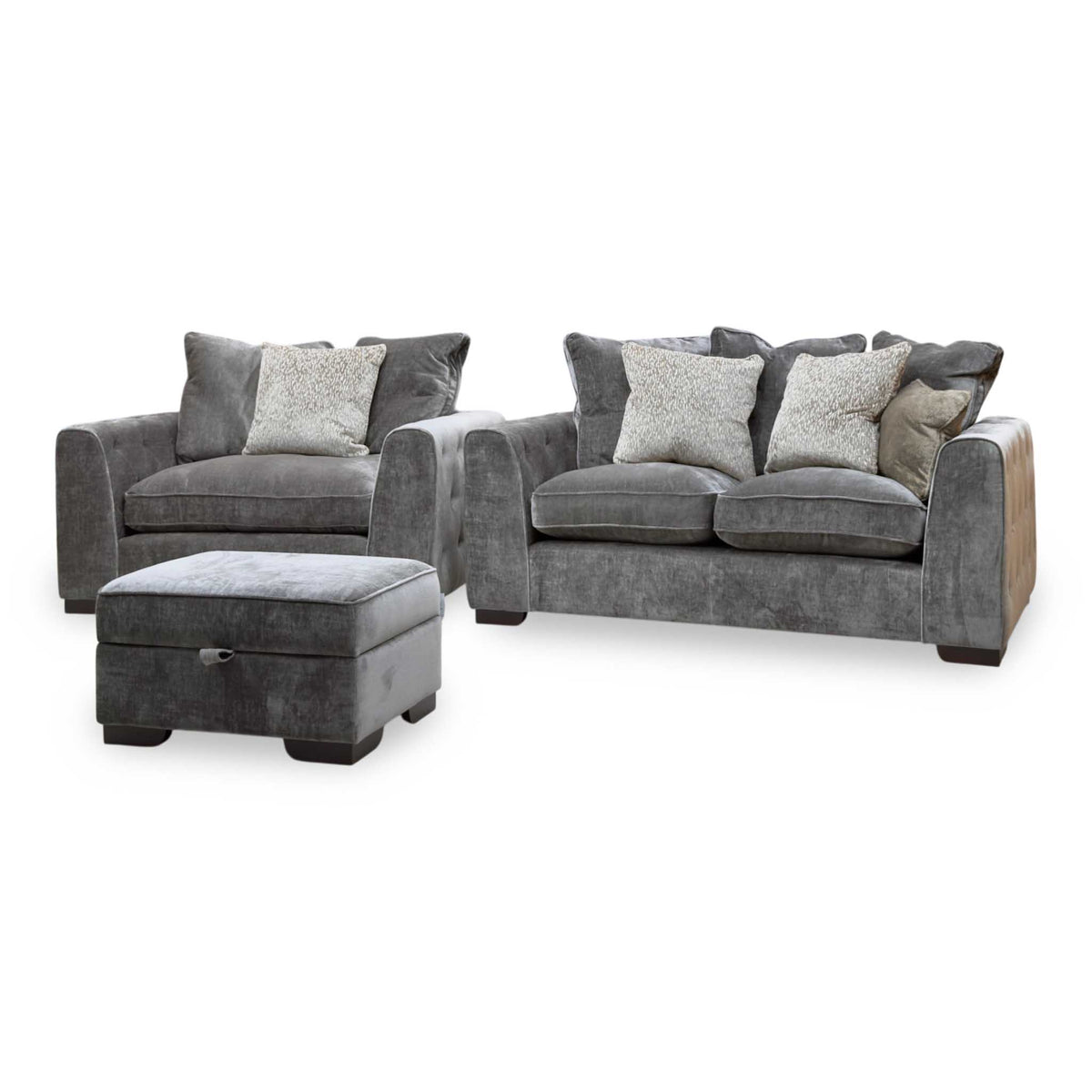 'Valentina' Truffle Brown Fabric 2 Seater Pillow Back Sofa + Snuggler Chair + Storage Footstool
