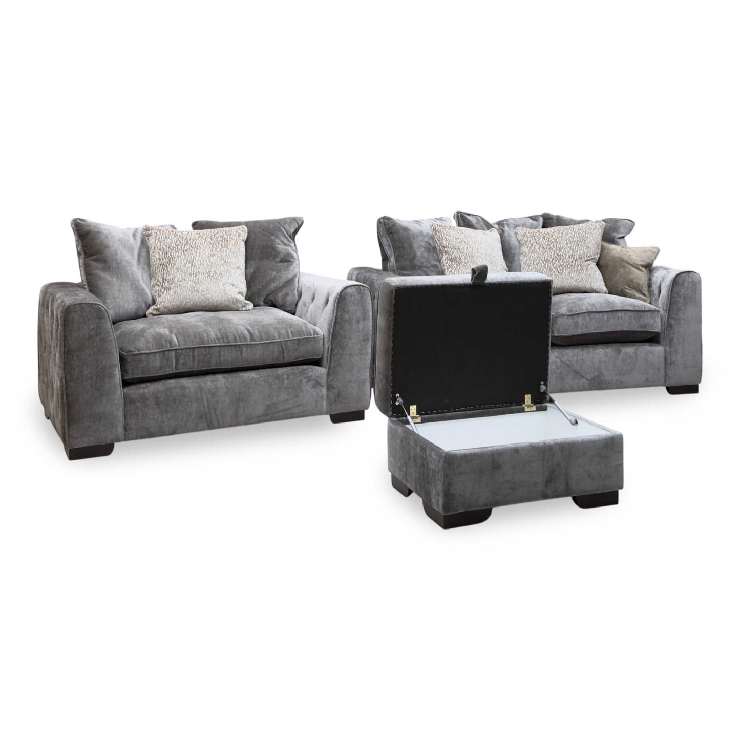 'Valentina' Truffle Brown Fabric 2 Seater Pillow Back Sofa + Snuggler Chair + Storage Footstool
