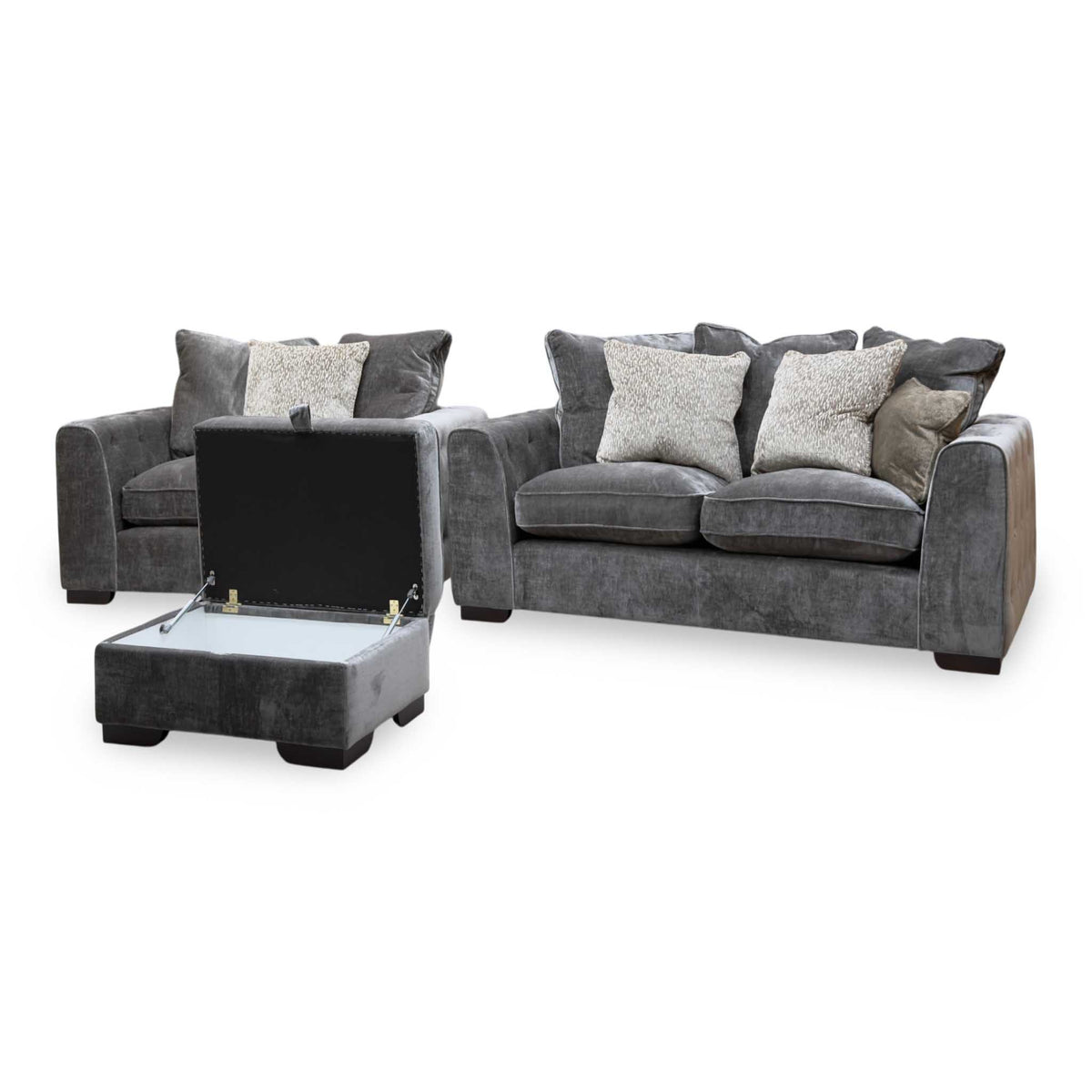 'Valentina' Truffle Brown Fabric 2 Seater Pillow Back Sofa + Snuggler Chair + Storage Footstool