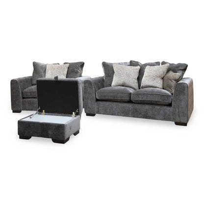 'Valentina' Truffle Brown Fabric 2 Seater Pillow Back Sofa + Snuggler Chair + Storage Footstool
