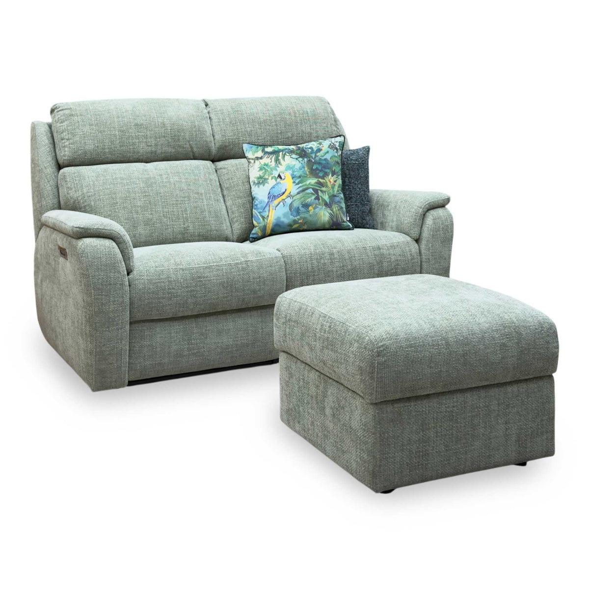 G Plan 'Vito' Baobab Muschio Green Woven Fabric 2 Seater Power Recliner Sofa with Power Headrests and Power Lumbar + Storage Footstool