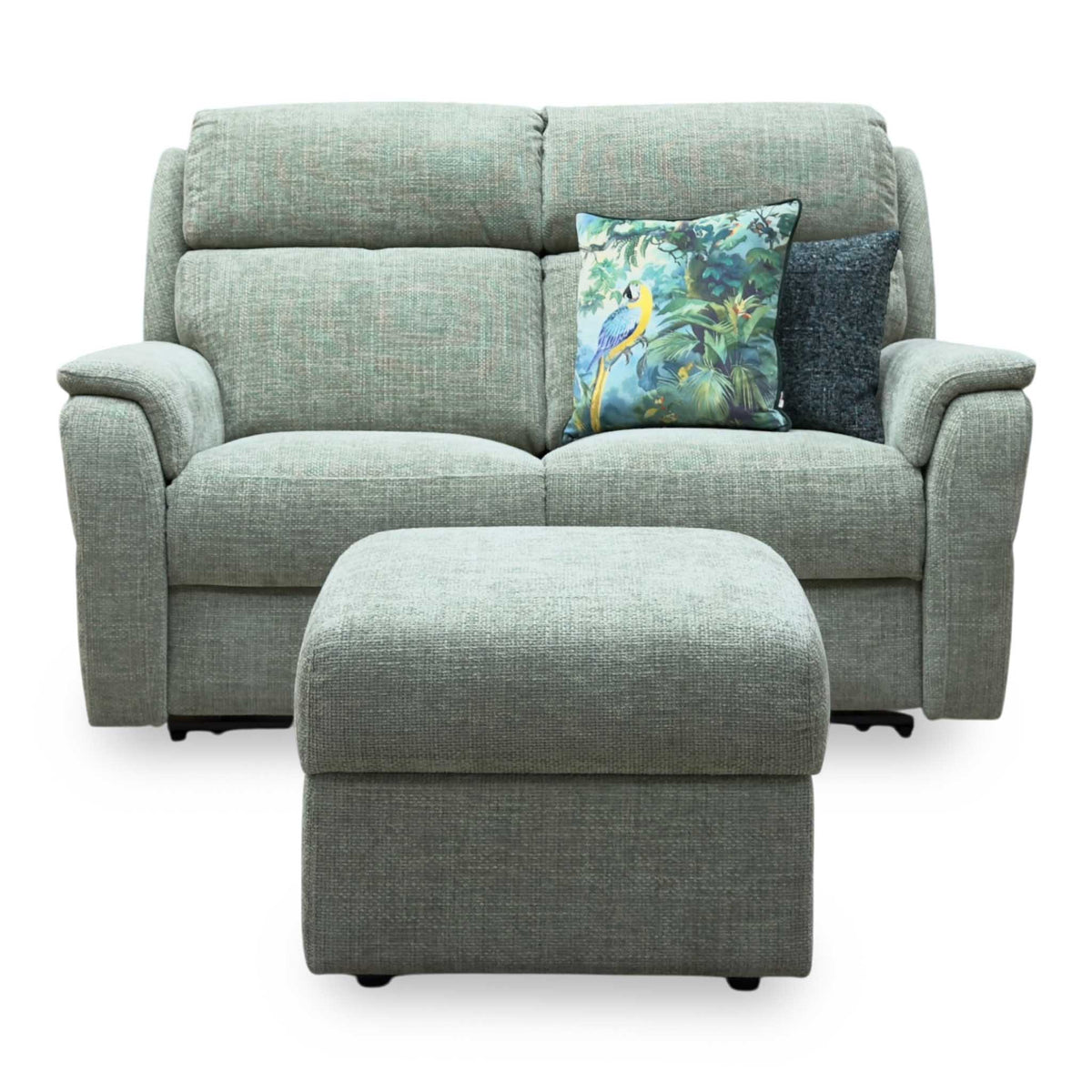 G Plan 'Vito' Baobab Muschio Green Woven Fabric 2 Seater Power Recliner Sofa with Power Headrests and Power Lumbar + Storage Footstool