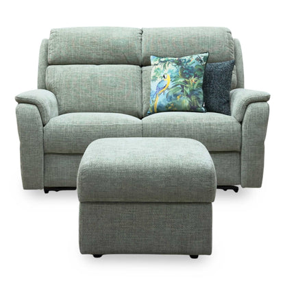 G Plan 'Vito' Baobab Muschio Green Woven Fabric 2 Seater Power Recliner Sofa with Power Headrests and Power Lumbar + Storage Footstool