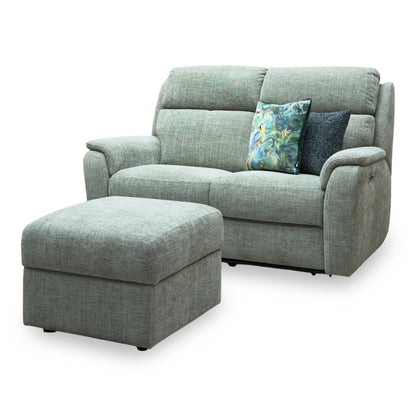 G Plan 'Vito' Baobab Muschio Green Woven Fabric 2 Seater Power Recliner Sofa with Power Headrests and Power Lumbar + Storage Footstool