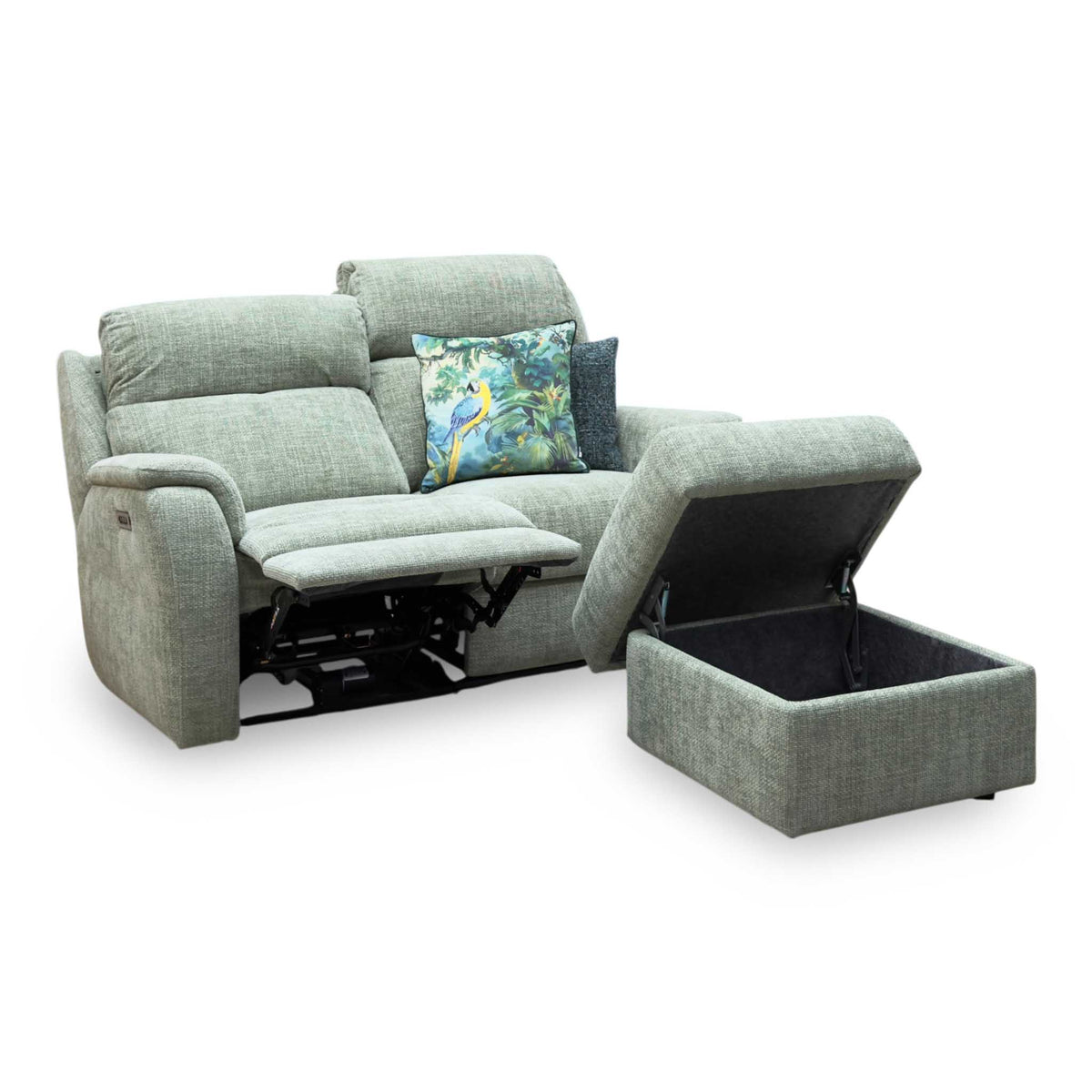 G Plan 'Vito' Baobab Muschio Green Woven Fabric 2 Seater Power Recliner Sofa with Power Headrests and Power Lumbar + Storage Footstool