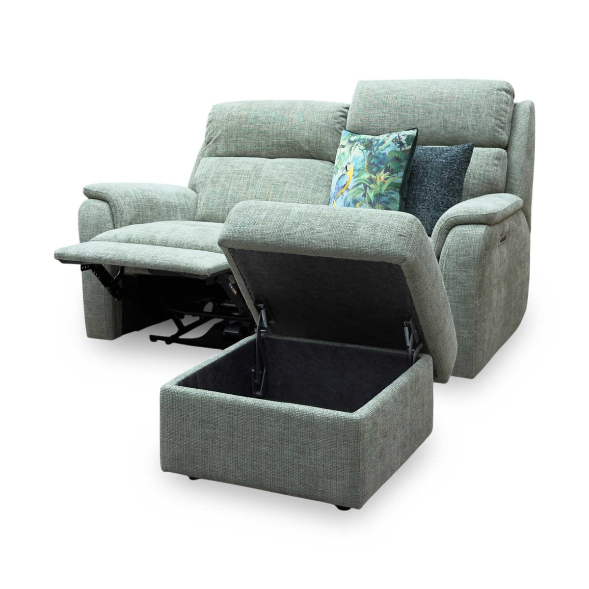 G Plan 'Vito' Baobab Muschio Green Woven Fabric 2 Seater Power Recliner Sofa with Power Headrests and Power Lumbar + Storage Footstool