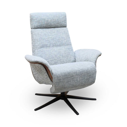 G Plan 'Varde' B030 Remco Light Grey Fabric Dark Wood Trim Power Recliner Swivel Chair with Power Headrest