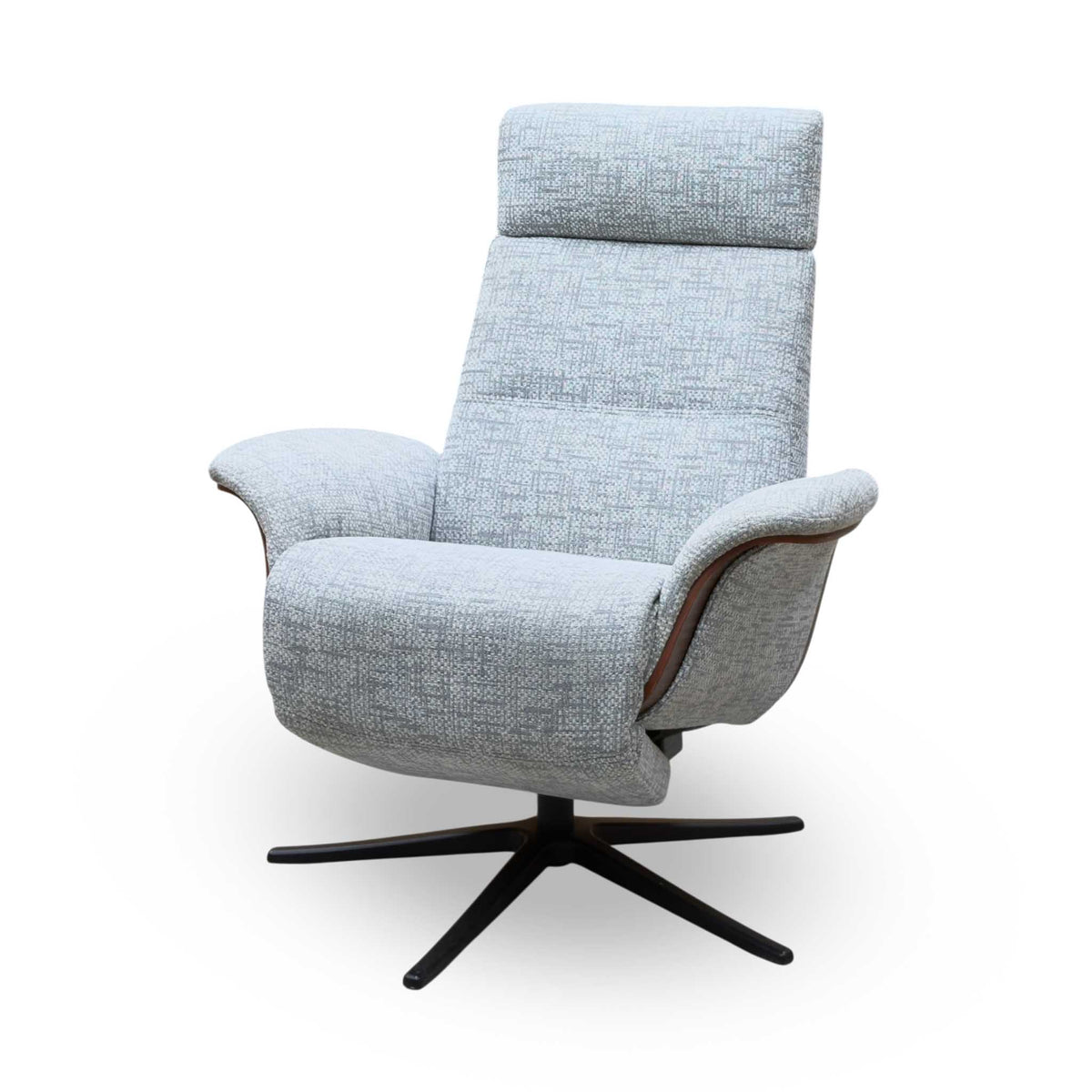 G Plan 'Varde' B030 Remco Light Grey Fabric Dark Wood Trim Power Recliner Swivel Chair with Power Headrest