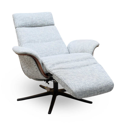 G Plan 'Varde' B030 Remco Light Grey Fabric Dark Wood Trim Power Recliner Swivel Chair with Power Headrest