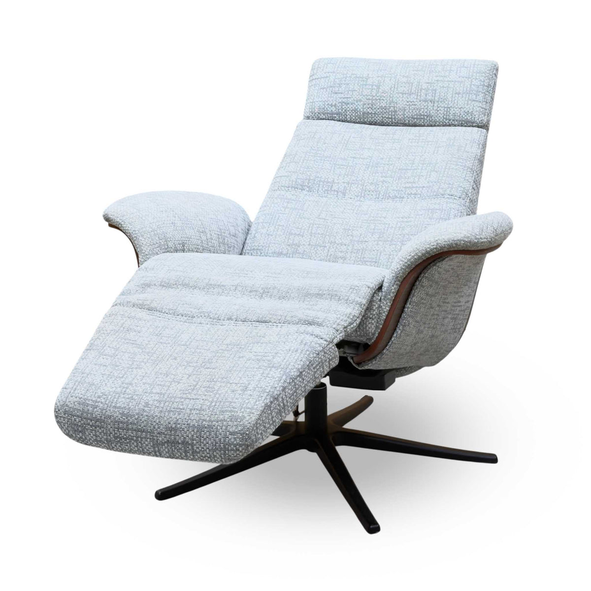 G Plan 'Varde' B030 Remco Light Grey Fabric Dark Wood Trim Power Recliner Swivel Chair with Power Headrest